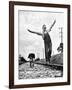 Larry Jim Holm with Dunk, His Spaniel Collie Mix, Walking Rail of Railroad Tracks in Rural Area-Myron Davis-Framed Photographic Print