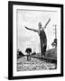 Larry Jim Holm with Dunk, His Spaniel Collie Mix, Walking Rail of Railroad Tracks in Rural Area-Myron Davis-Framed Photographic Print