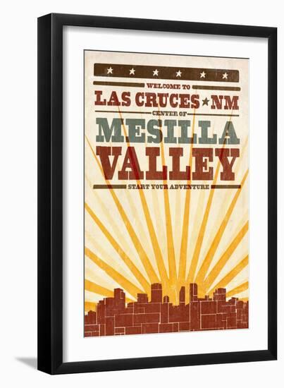 Las Cruces, New Mexico - Skyline and Sunburst Screenprint Style-Lantern Press-Framed Art Print