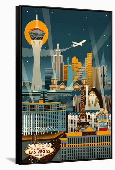 Las Vegas, Nevada - Retro Skyline (no text)-Lantern Press-Framed Stretched Canvas