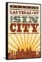 Las Vegas, Nevada - Skyline and Sunburst Screenprint Style-Lantern Press-Framed Stretched Canvas