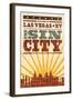 Las Vegas, Nevada - Skyline and Sunburst Screenprint Style-Lantern Press-Framed Art Print