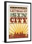 Las Vegas, Nevada - Skyline and Sunburst Screenprint Style-Lantern Press-Framed Art Print