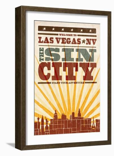 Las Vegas, Nevada - Skyline and Sunburst Screenprint Style-Lantern Press-Framed Art Print