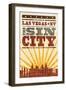 Las Vegas, Nevada - Skyline and Sunburst Screenprint Style-Lantern Press-Framed Art Print