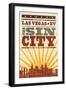 Las Vegas, Nevada - Skyline and Sunburst Screenprint Style-Lantern Press-Framed Art Print