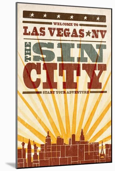 Las Vegas, Nevada - Skyline and Sunburst Screenprint Style-Lantern Press-Mounted Art Print