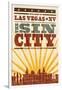 Las Vegas, Nevada - Skyline and Sunburst Screenprint Style-Lantern Press-Framed Art Print