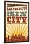 Las Vegas, Nevada - Skyline and Sunburst Screenprint Style-Lantern Press-Framed Art Print