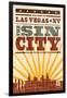 Las Vegas, Nevada - Skyline and Sunburst Screenprint Style-Lantern Press-Framed Art Print