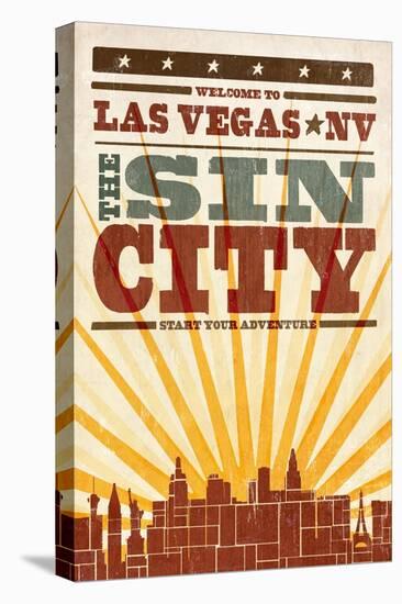 Las Vegas, Nevada - Skyline and Sunburst Screenprint Style-Lantern Press-Stretched Canvas