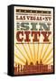 Las Vegas, Nevada - Skyline and Sunburst Screenprint Style-Lantern Press-Framed Stretched Canvas