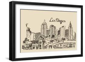 Las Vegas Skyline, Big City Architecture, Vintage Engraved Vector Illustration, Hand Drawn, Sketch.-grop-Framed Art Print