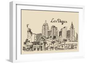 Las Vegas Skyline, Big City Architecture, Vintage Engraved Vector Illustration, Hand Drawn, Sketch.-grop-Framed Art Print