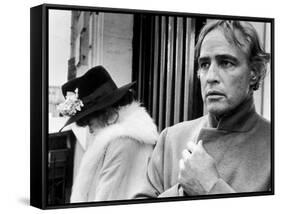 LAST TANGO IN PARIS, 1972 directed by BERNADO BERTOLUCCI Maria Schneider and Marlon Brando (b/w pho-null-Framed Stretched Canvas