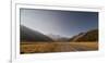 Late afternoon sun over a long straight road into the mountains, South Island, New Zealand, Pacific-Logan Brown-Framed Photographic Print