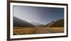Late afternoon sun over a long straight road into the mountains, South Island, New Zealand, Pacific-Logan Brown-Framed Photographic Print