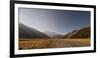 Late afternoon sun over a long straight road into the mountains, South Island, New Zealand, Pacific-Logan Brown-Framed Photographic Print