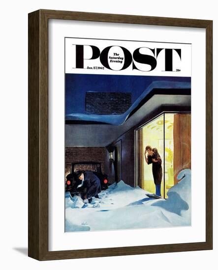 "Late for Party Due to Snow," Saturday Evening Post Cover, January 27, 1962-George Hughes-Framed Giclee Print