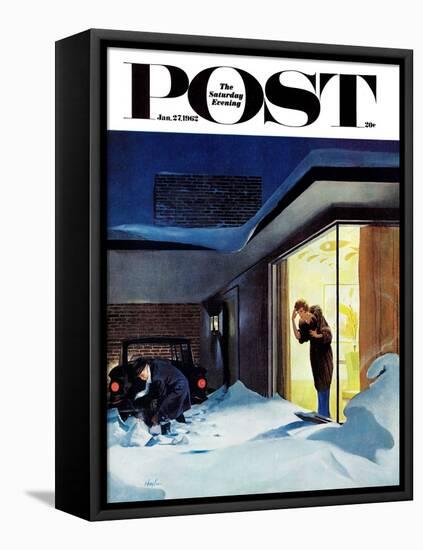 "Late for Party Due to Snow," Saturday Evening Post Cover, January 27, 1962-George Hughes-Framed Stretched Canvas