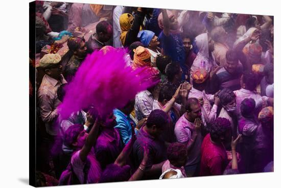 Lathmar Holi Celebrations in Bankei Bihari Temple, Vrindavan, Braj, Uttar Pradesh, India, Asia-Ben Pipe-Stretched Canvas