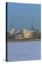 Latvia, Riga Historic Centre, Rigas Pils as Seen from Vansu Bridge with Spire of St James Cathedral-null-Stretched Canvas