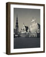 Latvia, Riga, Old Riga, Blackheads' House, B;1344, Exterior and St; Peter's Lutheran Church-Walter Bibikow-Framed Photographic Print