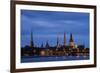 Latvia, Riga, Western Daugava River and Spires of Old Town, Illuminated at Night-null-Framed Giclee Print