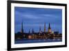 Latvia, Riga, Western Daugava River and Spires of Old Town, Illuminated at Night-null-Framed Giclee Print