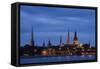 Latvia, Riga, Western Daugava River and Spires of Old Town, Illuminated at Night-null-Framed Stretched Canvas