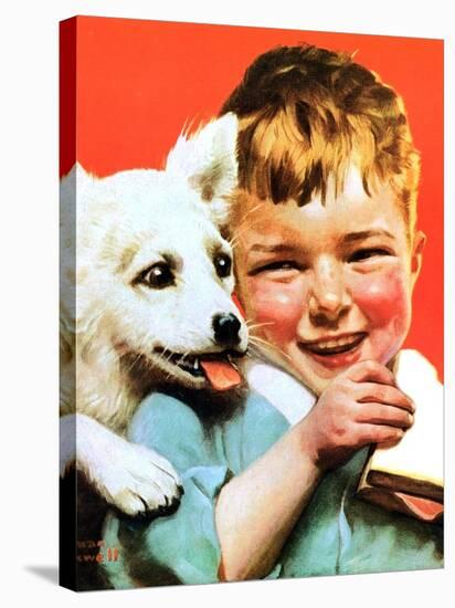 Laughing Boy with Sandwich and Puppy-Norman Rockwell-Stretched Canvas