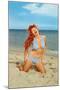 Laughing Redhead on Beach-null-Mounted Art Print