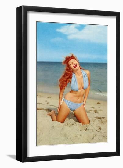 Laughing Redhead on Beach-null-Framed Art Print