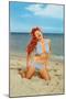 Laughing Redhead on Beach-null-Mounted Art Print