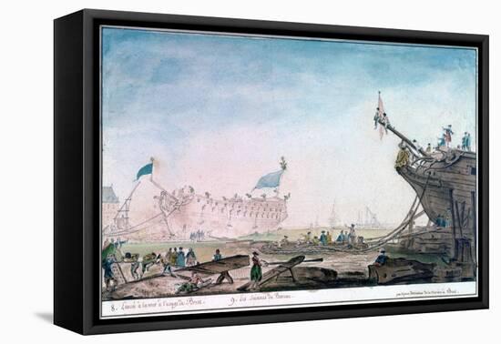 Launching a Ship at Brest, C1750-1810-Nicolas Marie Ozanne-Framed Stretched Canvas