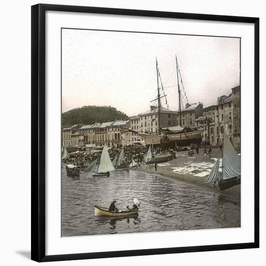 Launching a Ship in the Sea at the Port of Pegli (Neargenoa, Italy), Circa 1890-Leon, Levy et Fils-Framed Photographic Print