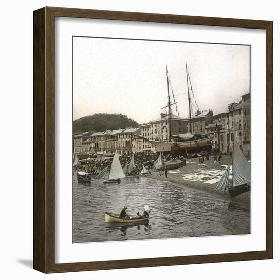 Launching a Ship in the Sea at the Port of Pegli (Neargenoa, Italy), Circa 1890-Leon, Levy et Fils-Framed Photographic Print