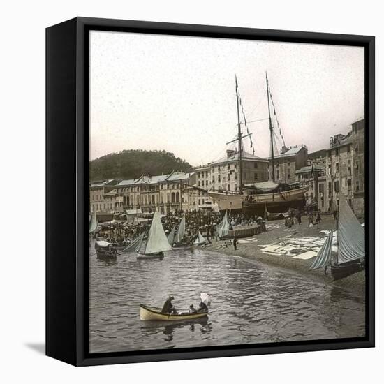 Launching a Ship in the Sea at the Port of Pegli (Neargenoa, Italy), Circa 1890-Leon, Levy et Fils-Framed Stretched Canvas