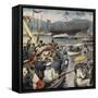 Launching of Battleship Andrea Doria from Arsenale in La Spezia-null-Framed Stretched Canvas