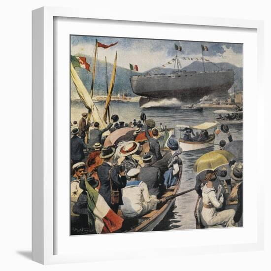 Launching of Battleship Andrea Doria from Arsenale in La Spezia-null-Framed Giclee Print