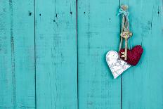 Skeleton Key, Red Rope Heart and Silver Tin Heart Hanging on Antique Rustic Teal Blue Wood Door; Va-laura h-Photographic Print
