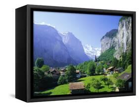 Lauterbrunnen and Staubbach Falls, Jungfrau Region, Swiss Alps, Switzerland, Europe-Roy Rainford-Framed Stretched Canvas