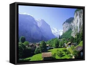 Lauterbrunnen and Staubbach Falls, Jungfrau Region, Swiss Alps, Switzerland, Europe-Roy Rainford-Framed Stretched Canvas