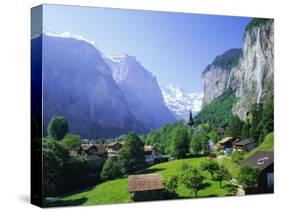 Lauterbrunnen and Staubbach Falls, Jungfrau Region, Swiss Alps, Switzerland, Europe-Roy Rainford-Stretched Canvas