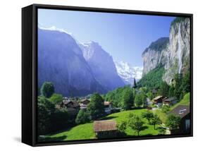 Lauterbrunnen and Staubbach Falls, Jungfrau Region, Swiss Alps, Switzerland, Europe-Roy Rainford-Framed Stretched Canvas