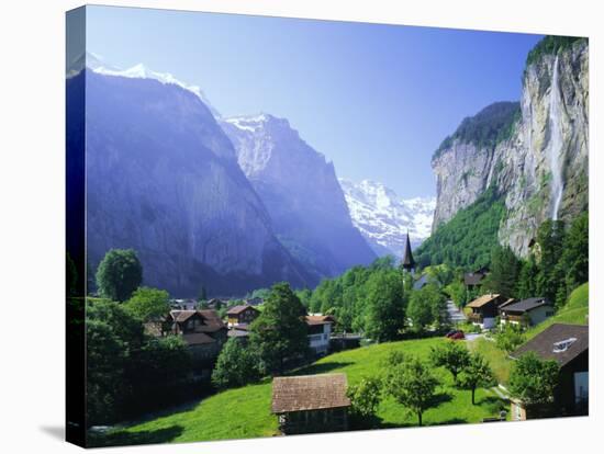 Lauterbrunnen and Staubbach Falls, Jungfrau Region, Swiss Alps, Switzerland, Europe-Roy Rainford-Stretched Canvas