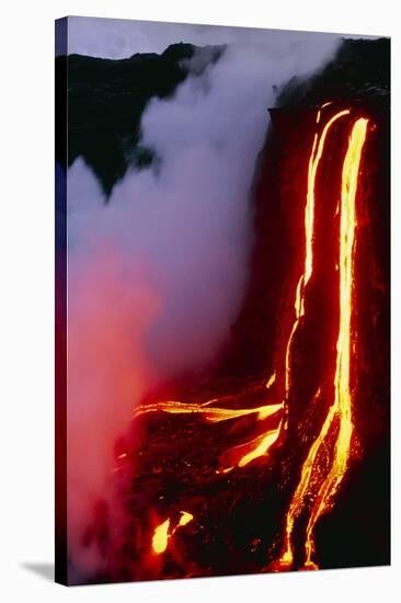 Lava Flowing Down Cliff Into the Ocean-Brad Lewis-Stretched Canvas