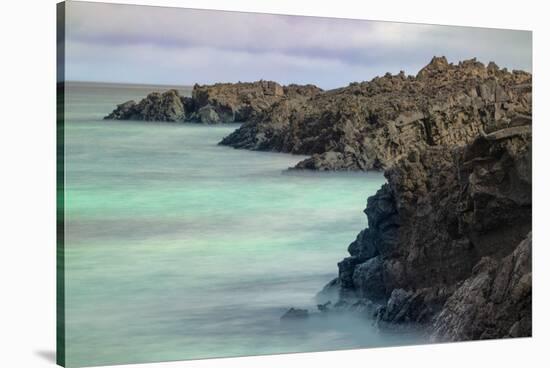 Lava rocks along tranquil shoreline of San Cristobal Island, Galapagos, Ecuador.-Adam Jones-Stretched Canvas