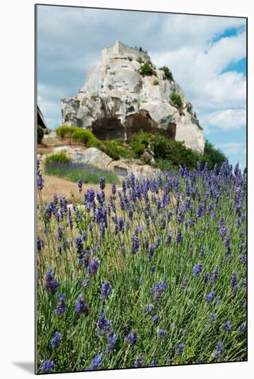 Lavender Field in Front of Ruins of Fortress on a Rock, Les Baux-De-Provence, Bouches-Du-Rhone-null-Mounted Photographic Print