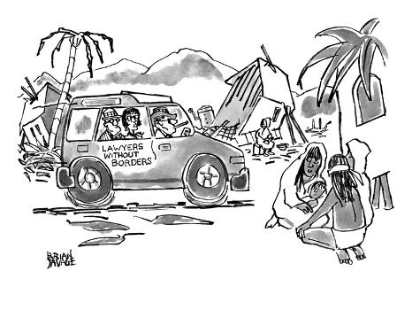 Lawyers travel through third world country in a jeep with the words LAWYER… - New Yorker Cartoon' Premium Giclee Print - Brian Savage Lawyers travel through third world country in a jeep with the words LAWYER… - New Yorker Cartoon' Premium Giclee Print - Brian Savage